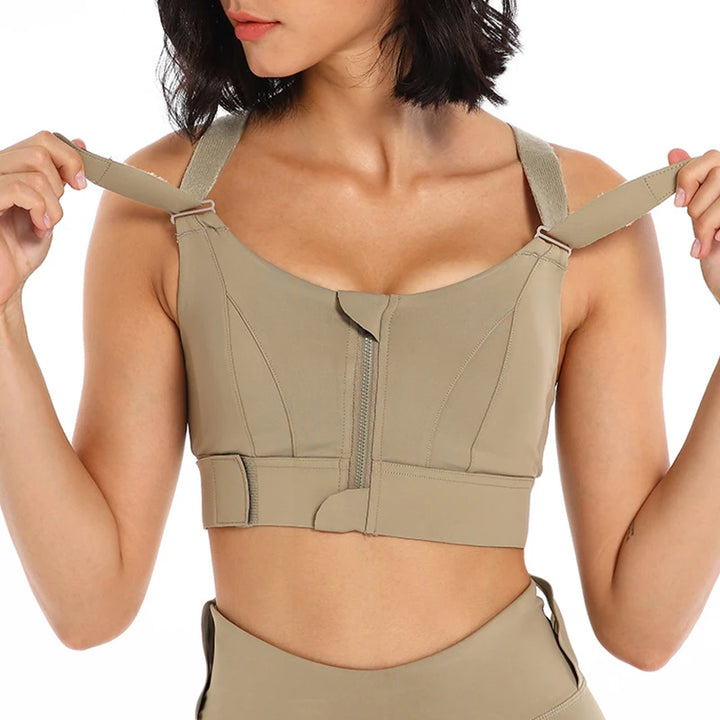 "Shockproof Plus Size Zip Sports Bra – Adjustable & Supportive