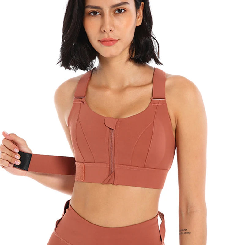 "Shockproof Plus Size Zip Sports Bra – Adjustable & Supportive