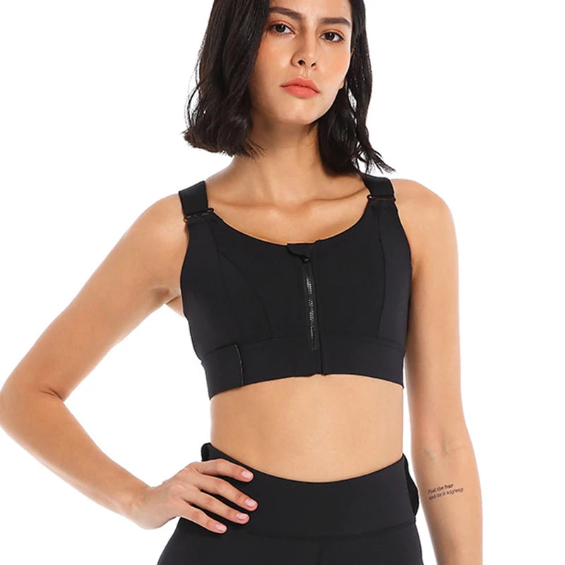 "Shockproof Plus Size Zip Sports Bra – Adjustable & Supportive