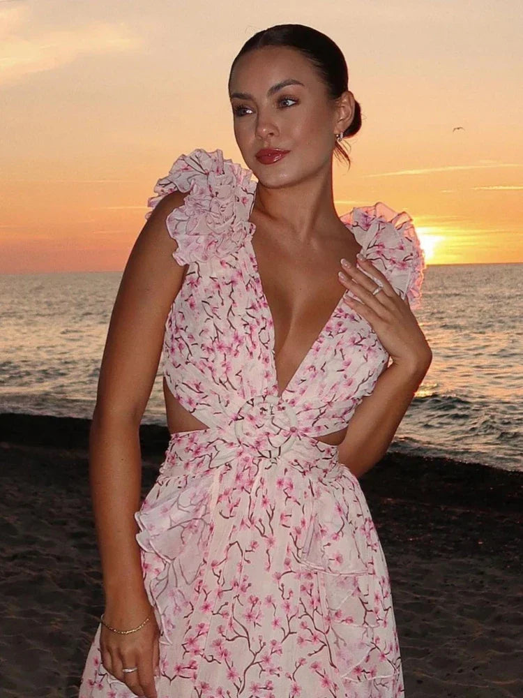 Aurora - Elegant Backless Ruffles Maxi Dress