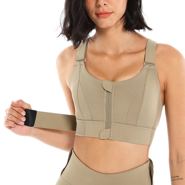 "Shockproof Plus Size Zip Sports Bra – Adjustable & Supportive