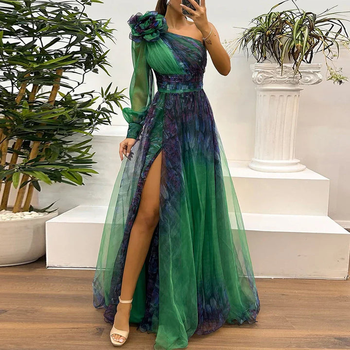Sienna – Trendy One Shoulder Mesh Print Maxi Dress