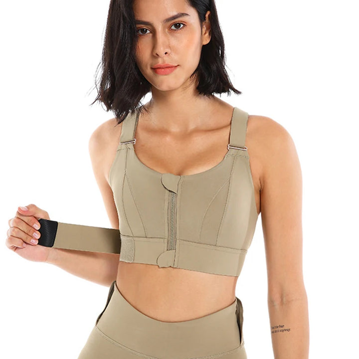 "Shockproof Plus Size Zip Sports Bra – Adjustable & Supportive