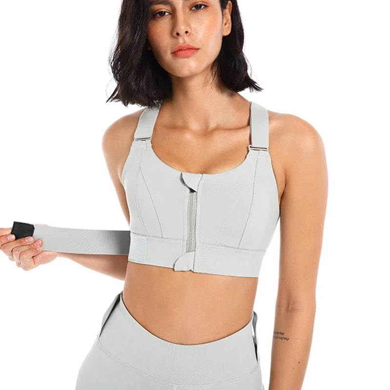 "Shockproof Plus Size Zip Sports Bra – Adjustable & Supportive