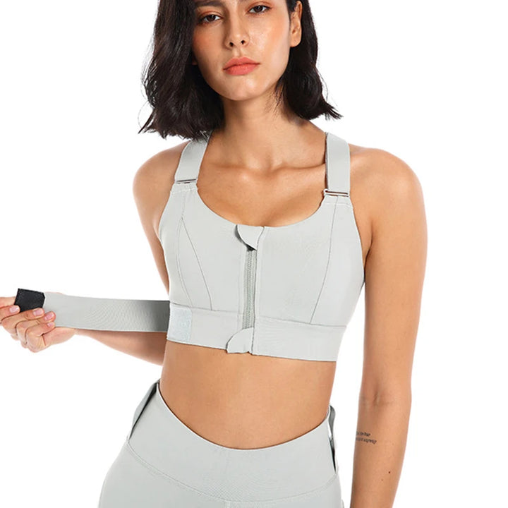 "Shockproof Plus Size Zip Sports Bra – Adjustable & Supportive