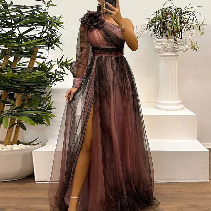 Sienna – Trendy One Shoulder Mesh Print Maxi Dress