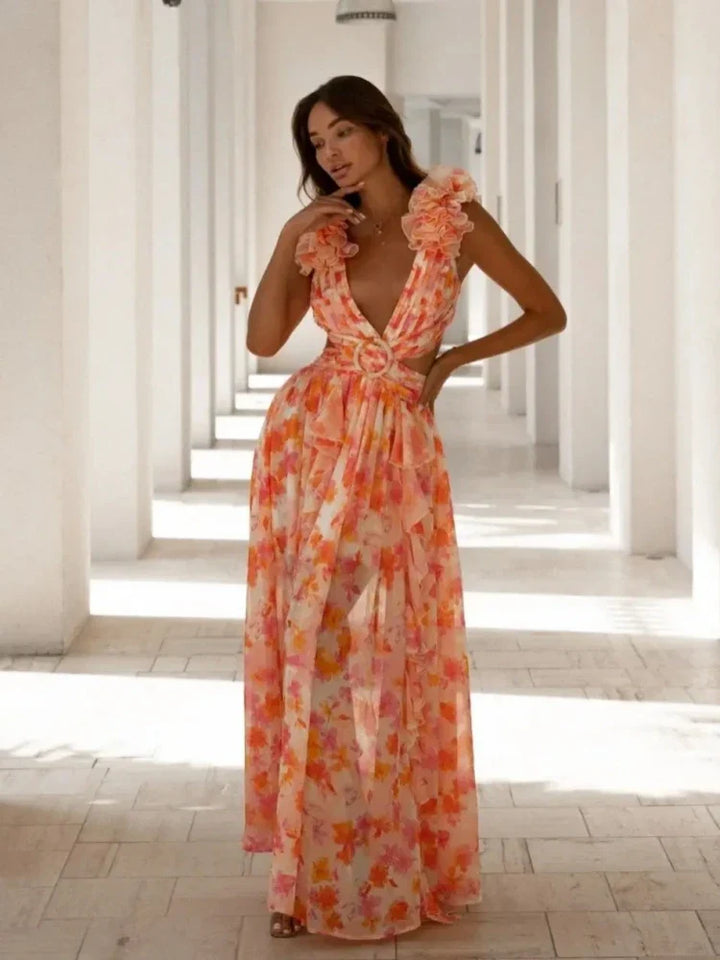 Aurora - Elegant Backless Ruffles Maxi Dress