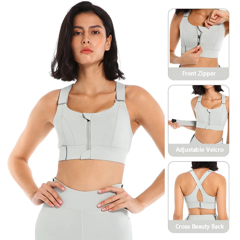 "Shockproof Plus Size Zip Sports Bra – Adjustable & Supportive
